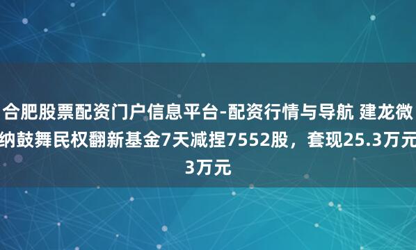 合肥股票配资门户信息平台-配资行情与导航 建龙微纳鼓舞民权翻新基金7天减捏7552股，套现25.3万元